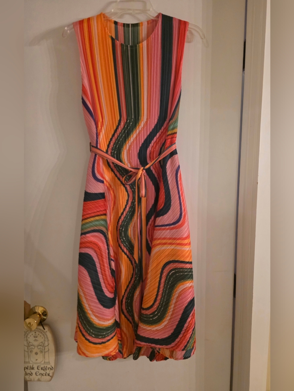 Sleeveless Midi Dress in Pink, Orange & Green Wave Print with Tie Waist